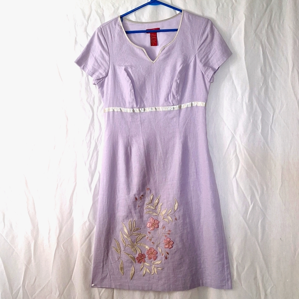 3/$20--Vintage Linen Embroidered Sheath Dress, Lavender Sz 6, NWOT